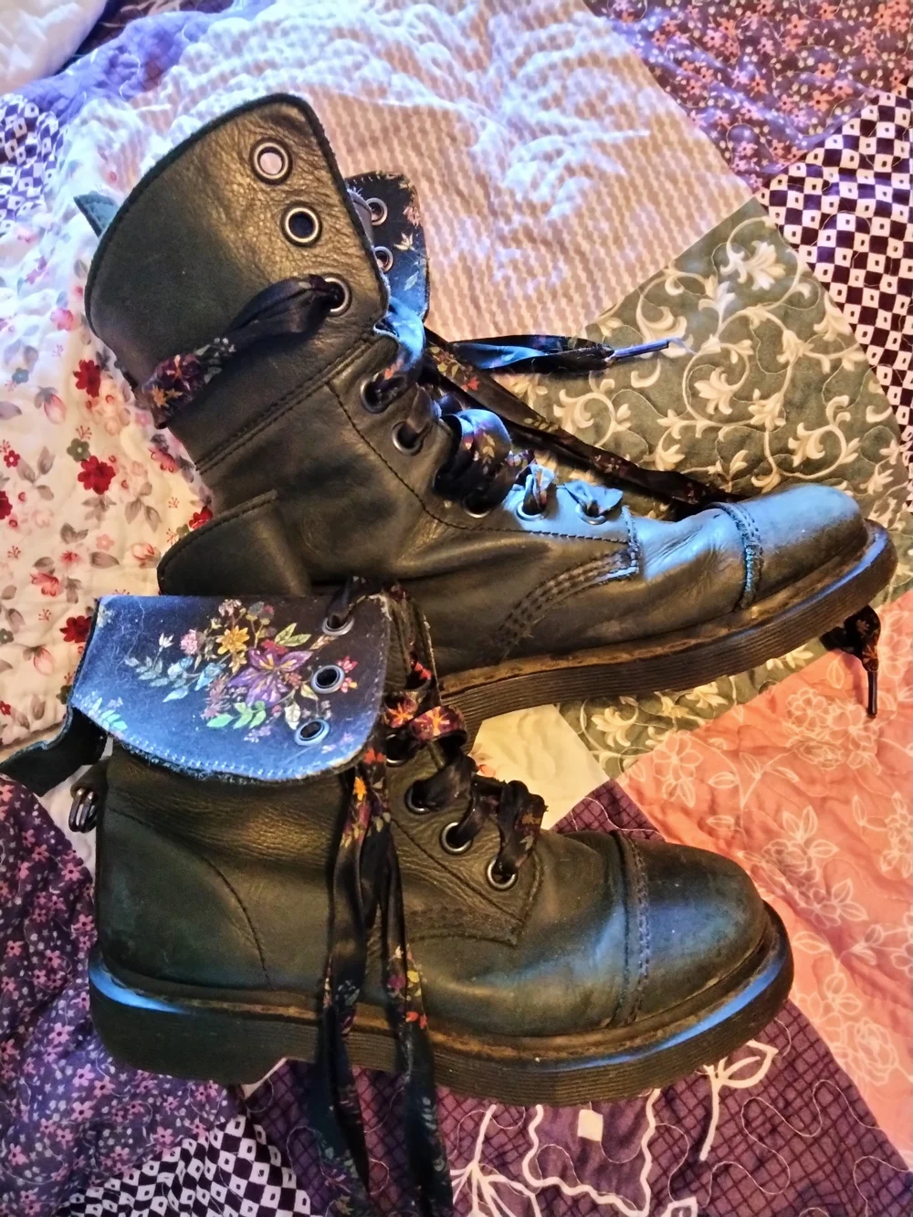 Dark Teal Convertible Floral-Lined Lace-Up Combat Boots By Doc Martens - Picture 1 of 7